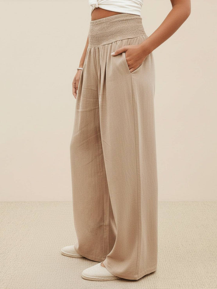 Hadley | High Waist Wide Leg Trousers with Smocked Waist and Relaxed Fit