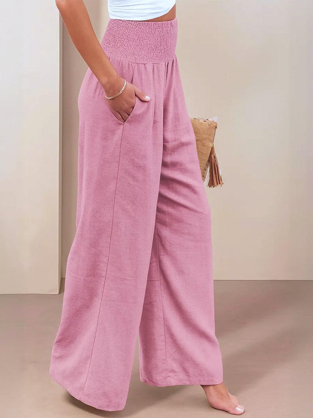 Hadley | High Waist Wide Leg Trousers with Smocked Waist and Relaxed Fit