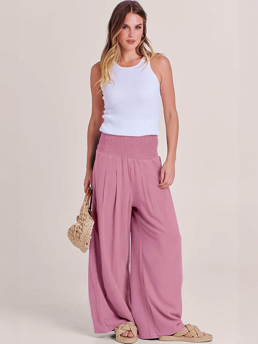 Hadley | High Waist Wide Leg Trousers with Smocked Waist and Relaxed Fit