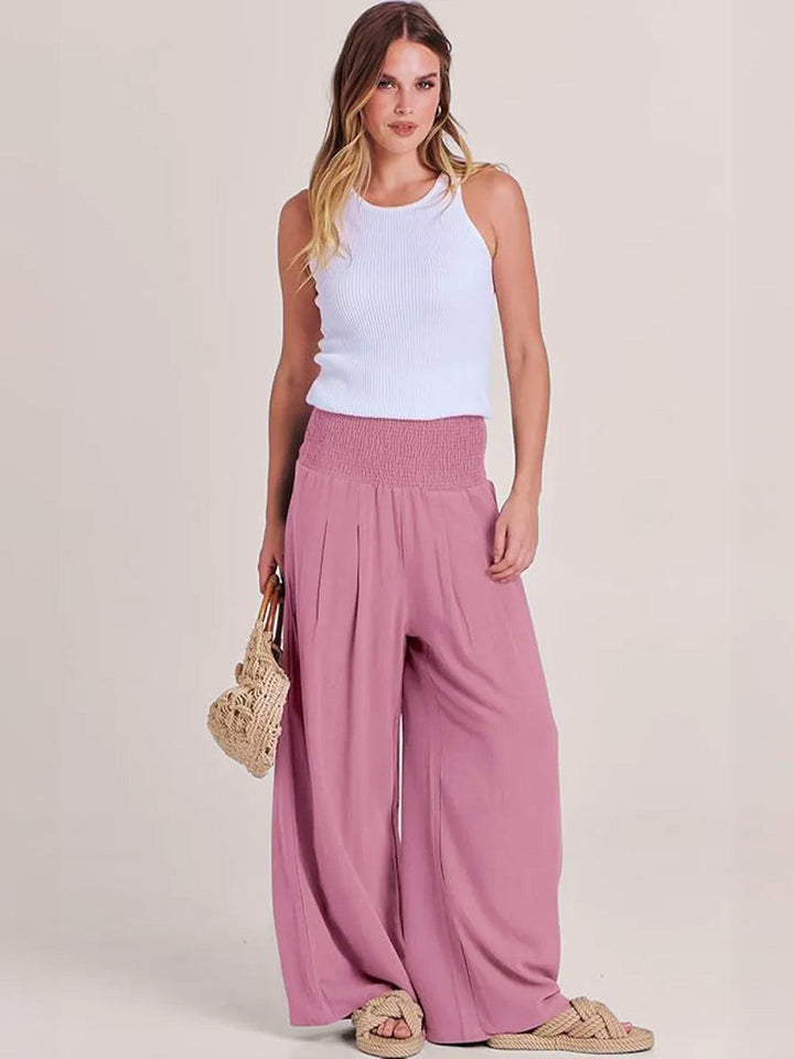 Hadley | High Waist Wide Leg Trousers with Smocked Waist and Relaxed Fit