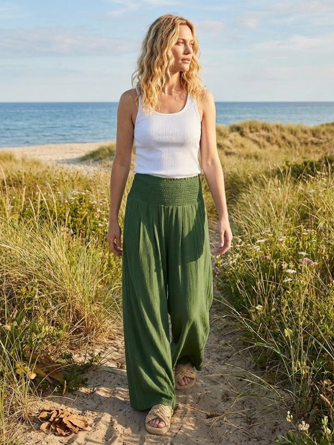 Hadley | High Waist Wide Leg Trousers with Smocked Waist and Relaxed Fit