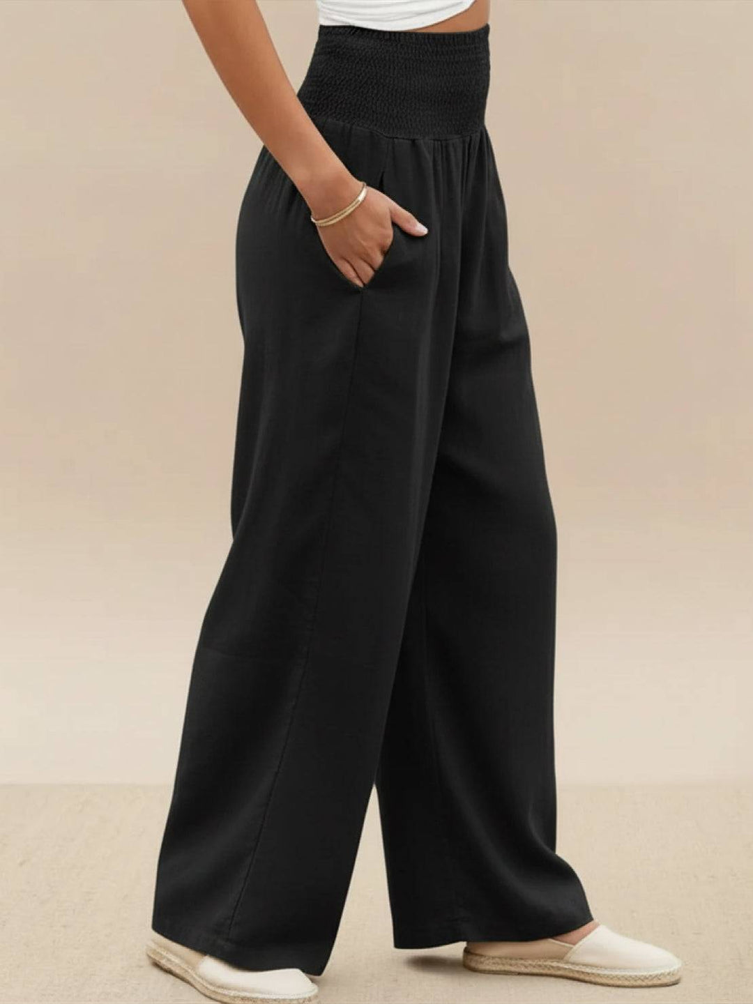 Hadley | High Waist Wide Leg Trousers with Smocked Waist and Relaxed Fit