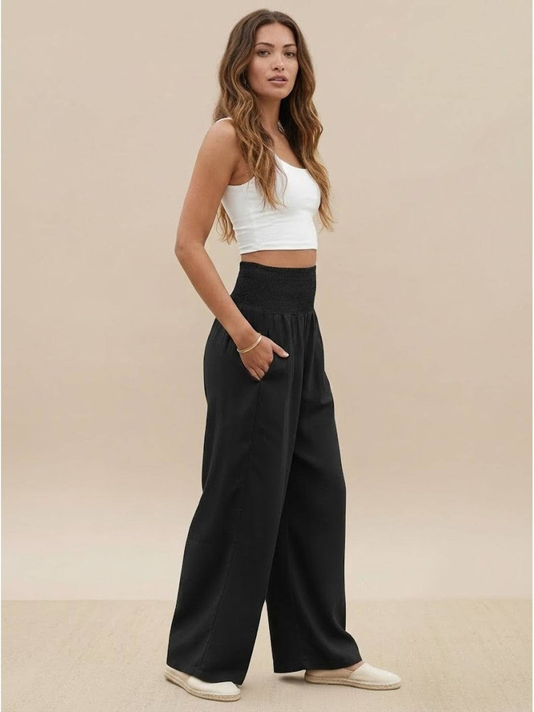 Hadley | High Waist Wide Leg Trousers with Smocked Waist and Relaxed Fit