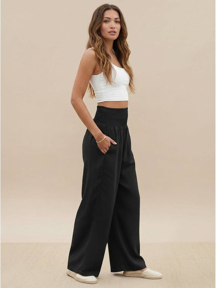 Hadley | High Waist Wide Leg Trousers with Smocked Waist and Relaxed Fit