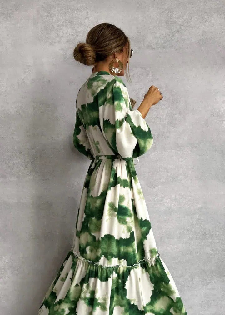 Stylish Green And White Tie-Dye Belted Long Sleeve Tiered Ruffle Maxi Dress