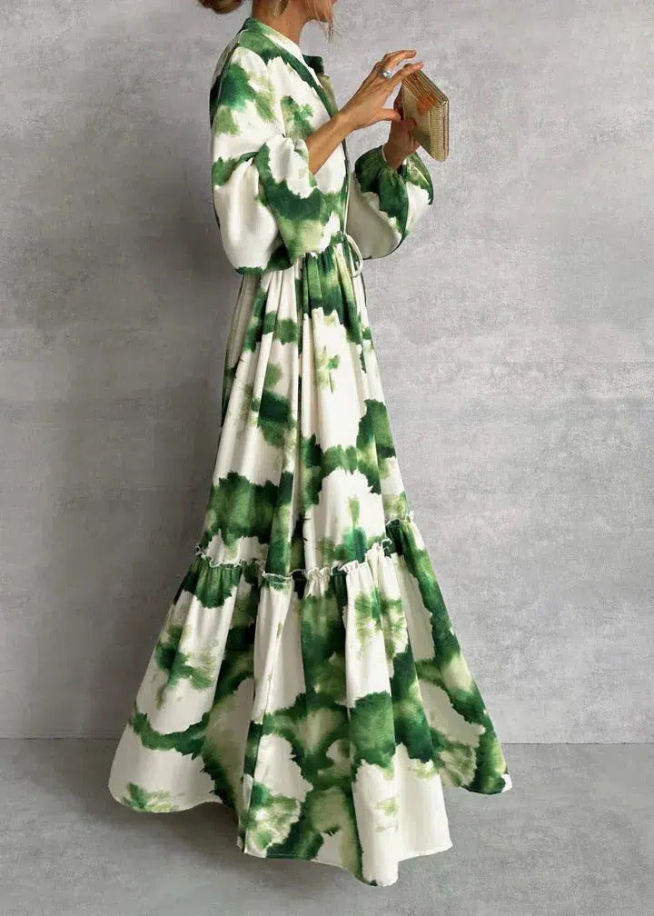 Stylish Green And White Tie-Dye Belted Long Sleeve Tiered Ruffle Maxi Dress