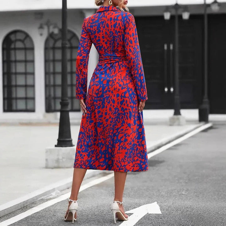 Statement-Making Crimson-Blue Abstract-Print Button-Down Belted Midi Shirt Dress