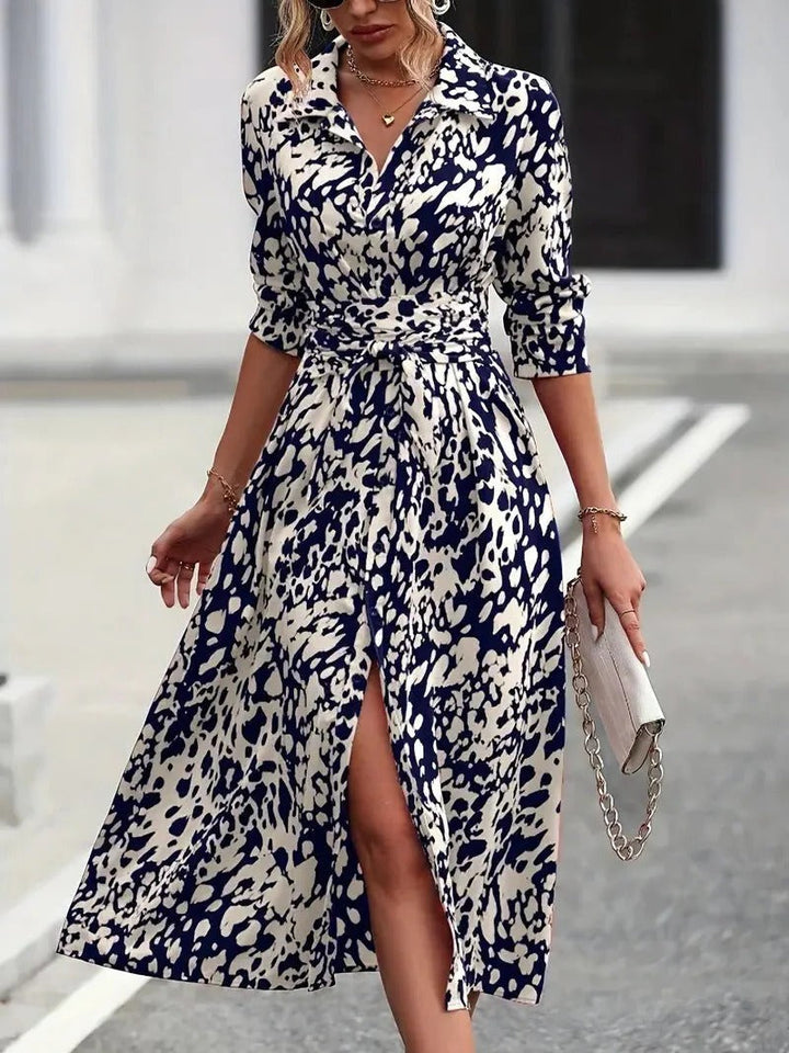 Statement-Making Crimson-Blue Abstract-Print Button-Down Belted Midi Shirt Dress