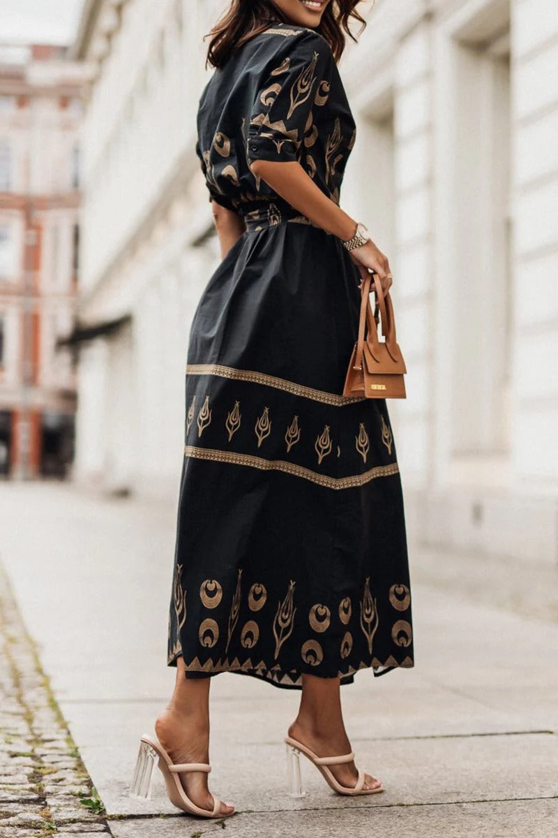 Luxuriously Boho Print Georgette Cinched Waist With Flowing Silhouette Midi Dress