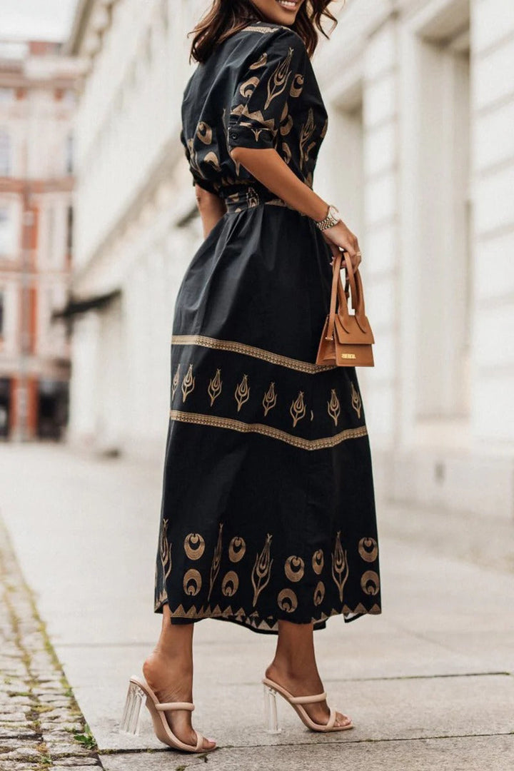Luxuriously Boho Print Georgette Cinched Waist With Flowing Silhouette Midi Dress