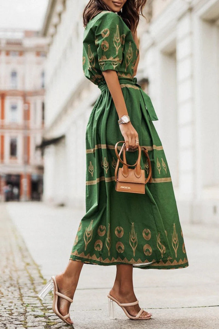 Luxuriously Boho Print Georgette Cinched Waist With Flowing Silhouette Midi Dress