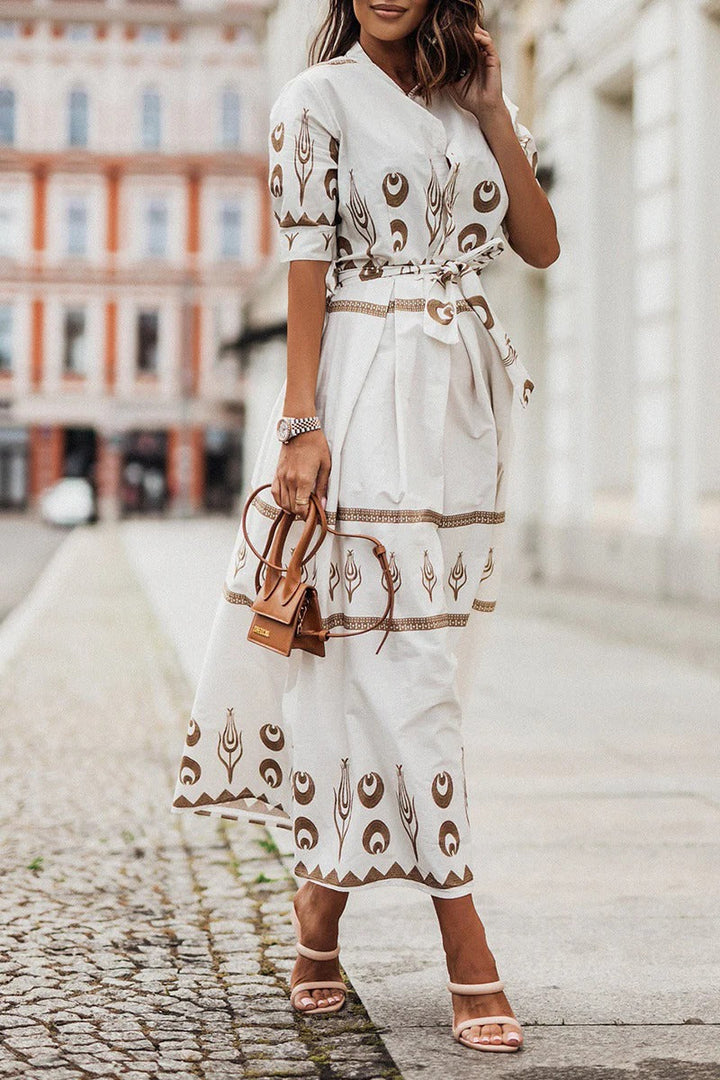 Luxuriously Boho Print Georgette Cinched Waist With Flowing Silhouette Midi Dress