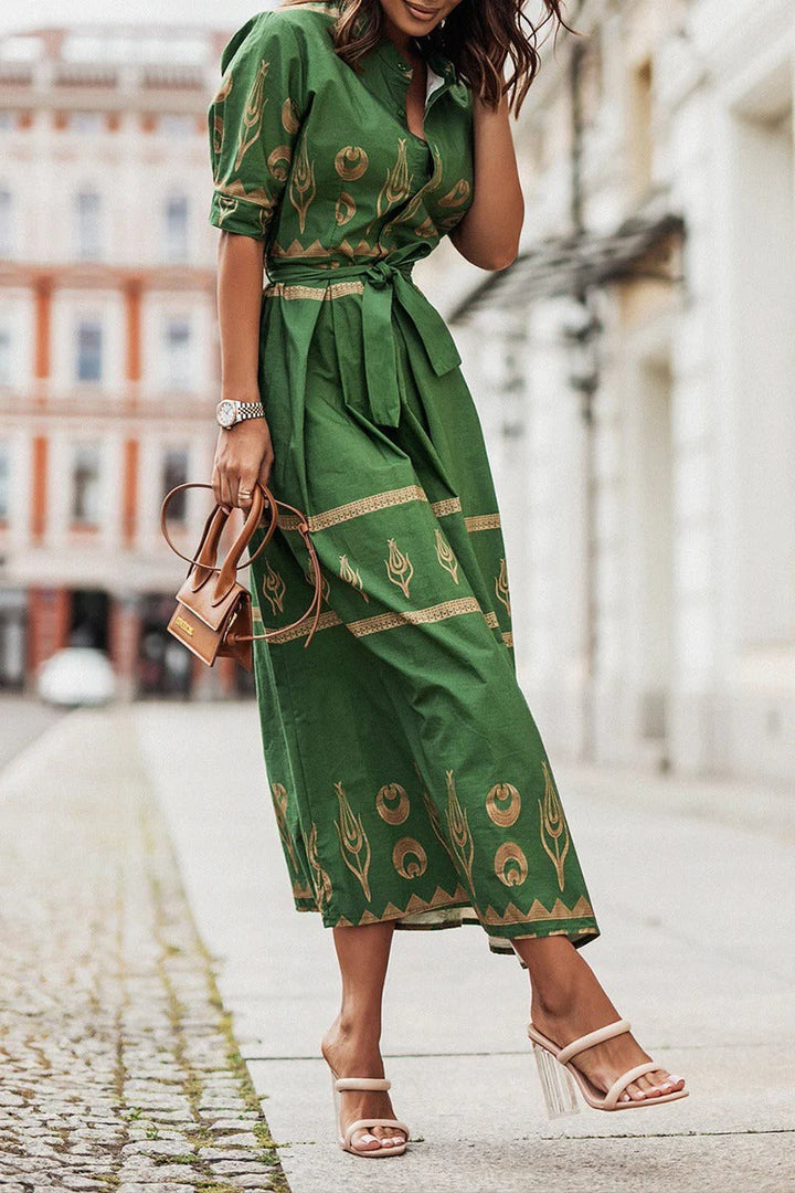 Luxuriously Boho Print Georgette Cinched Waist With Flowing Silhouette Midi Dress