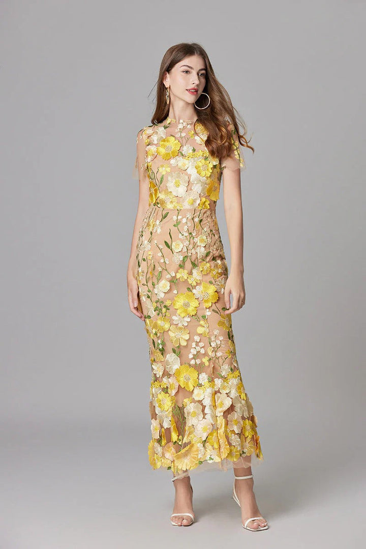 Women’s Sheer Mesh Maxi Dress – Elegant 3D Floral Handcrafted Appliqué Luxury Dress