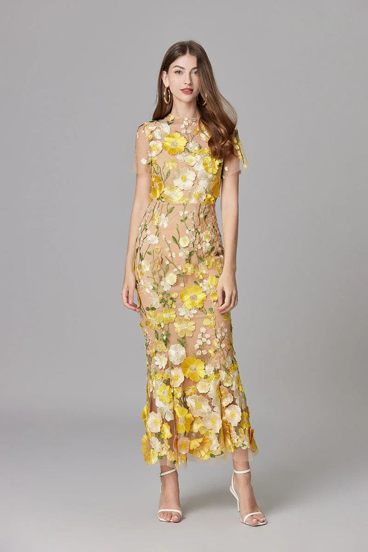 Women’s Sheer Mesh Maxi Dress – Elegant 3D Floral Handcrafted Appliqué Luxury Dress