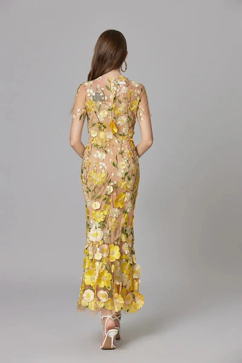 Women’s Sheer Mesh Maxi Dress – Elegant 3D Floral Handcrafted Appliqué Luxury Dress