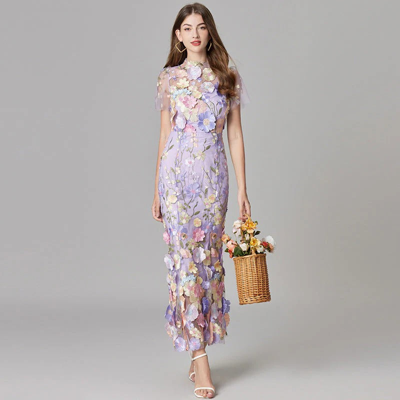 Women’s Sheer Mesh Maxi Dress – Elegant 3D Floral Handcrafted Appliqué Luxury Dress