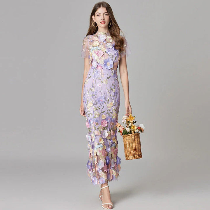 Women’s Sheer Mesh Maxi Dress – Elegant 3D Floral Handcrafted Appliqué Luxury Dress