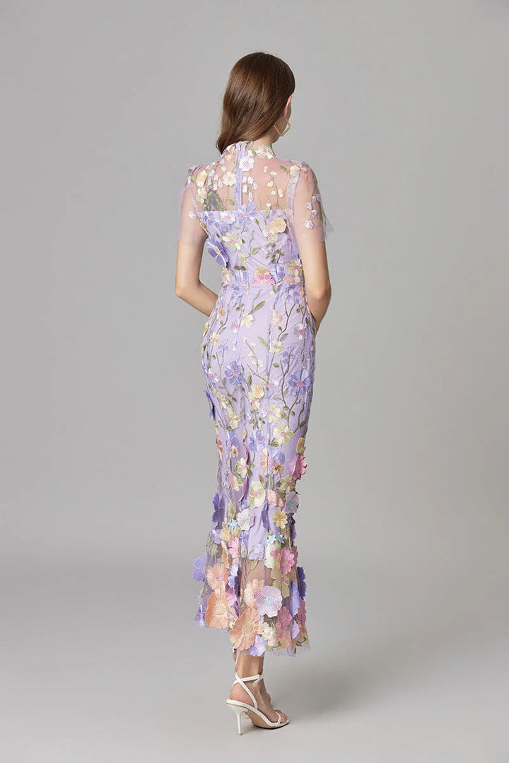 Women’s Sheer Mesh Maxi Dress – Elegant 3D Floral Handcrafted Appliqué Luxury Dress
