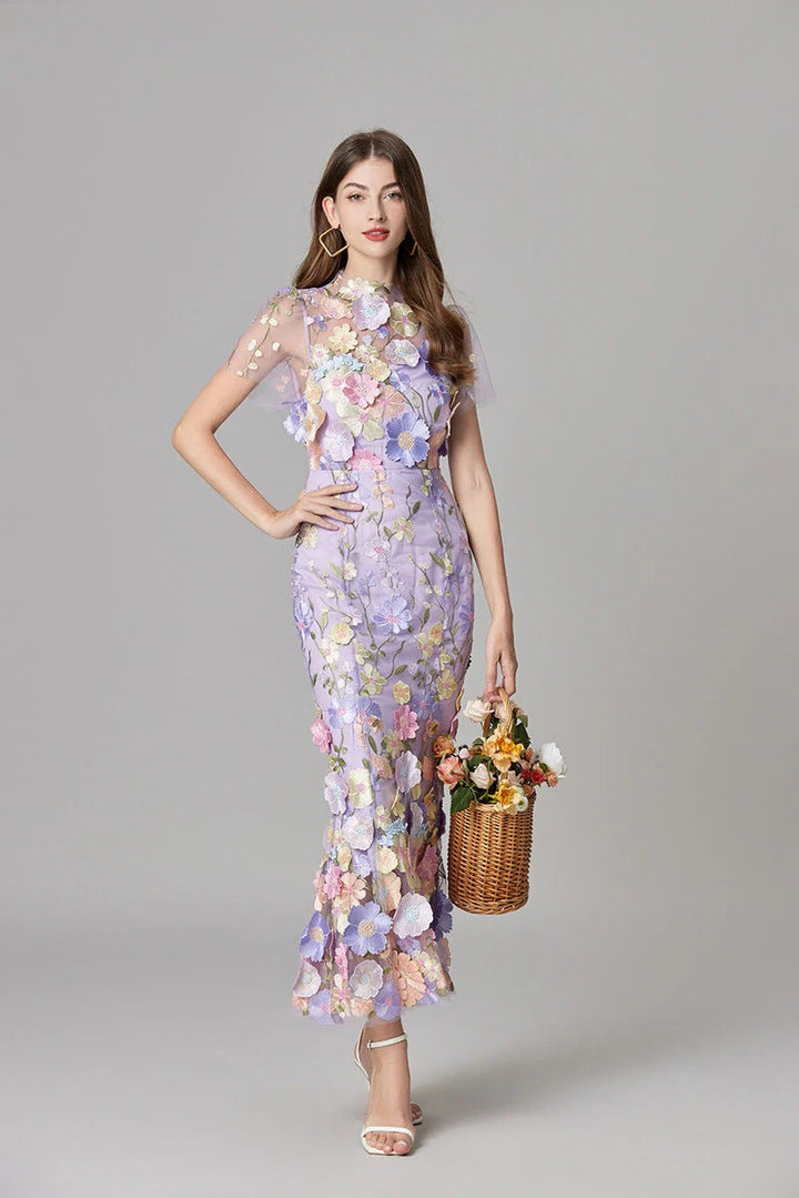 Women’s Sheer Mesh Maxi Dress – Elegant 3D Floral Handcrafted Appliqué Luxury Dress
