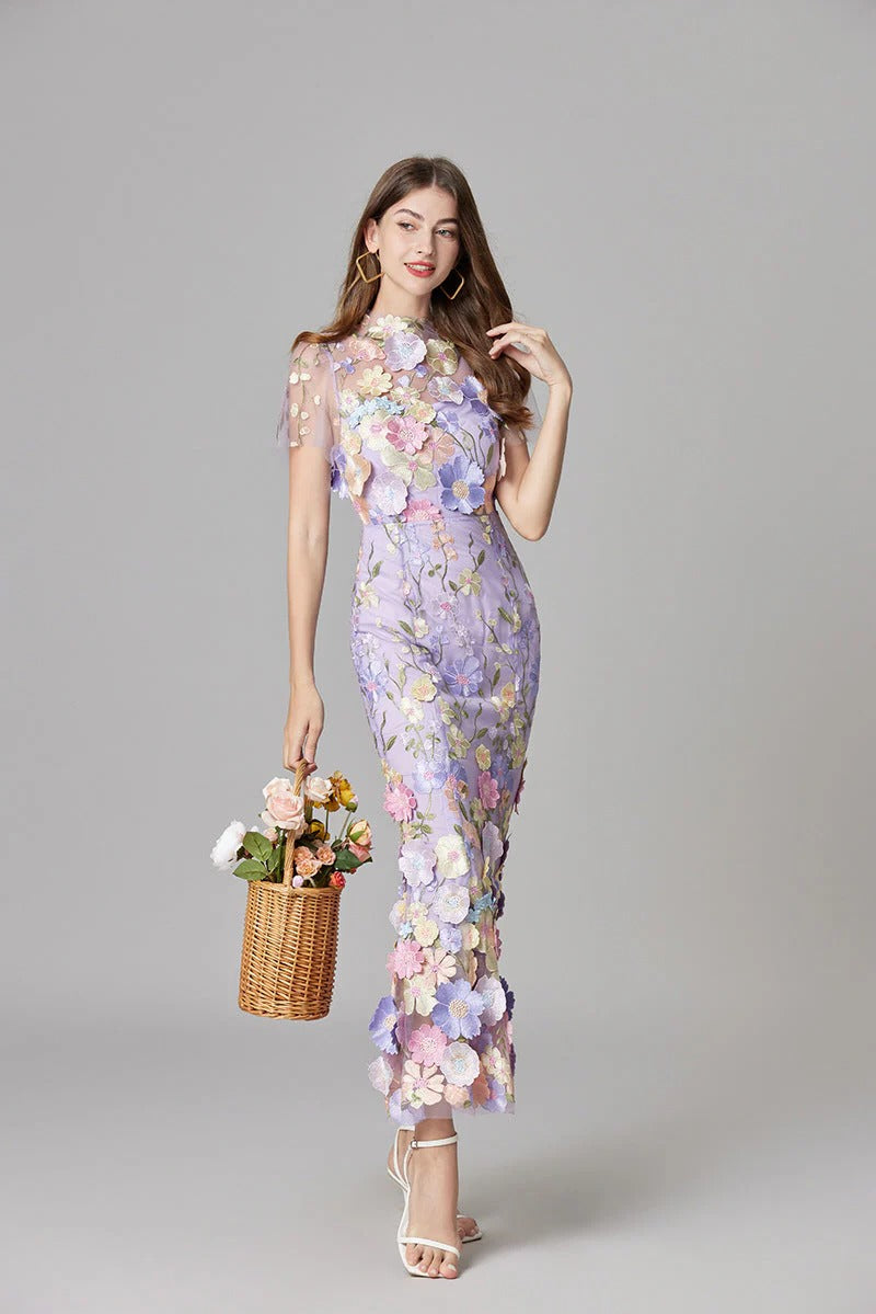 Women’s Sheer Mesh Maxi Dress – Elegant 3D Floral Handcrafted Appliqué Luxury Dress