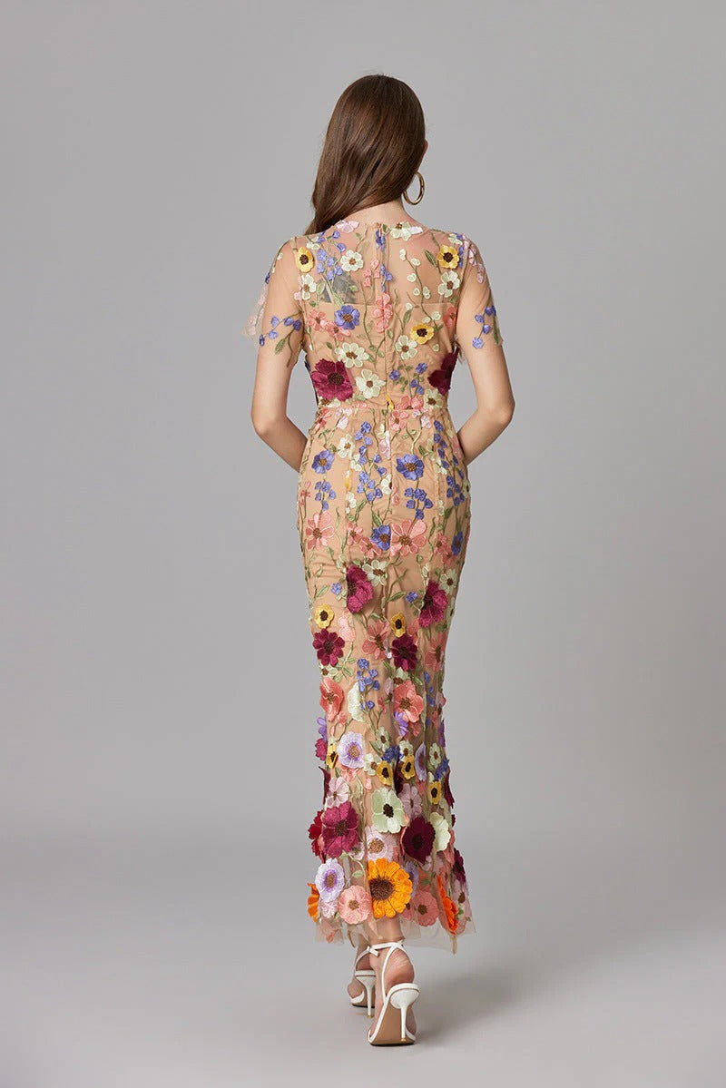 Women’s Sheer Mesh Maxi Dress – Elegant 3D Floral Handcrafted Appliqué Luxury Dress