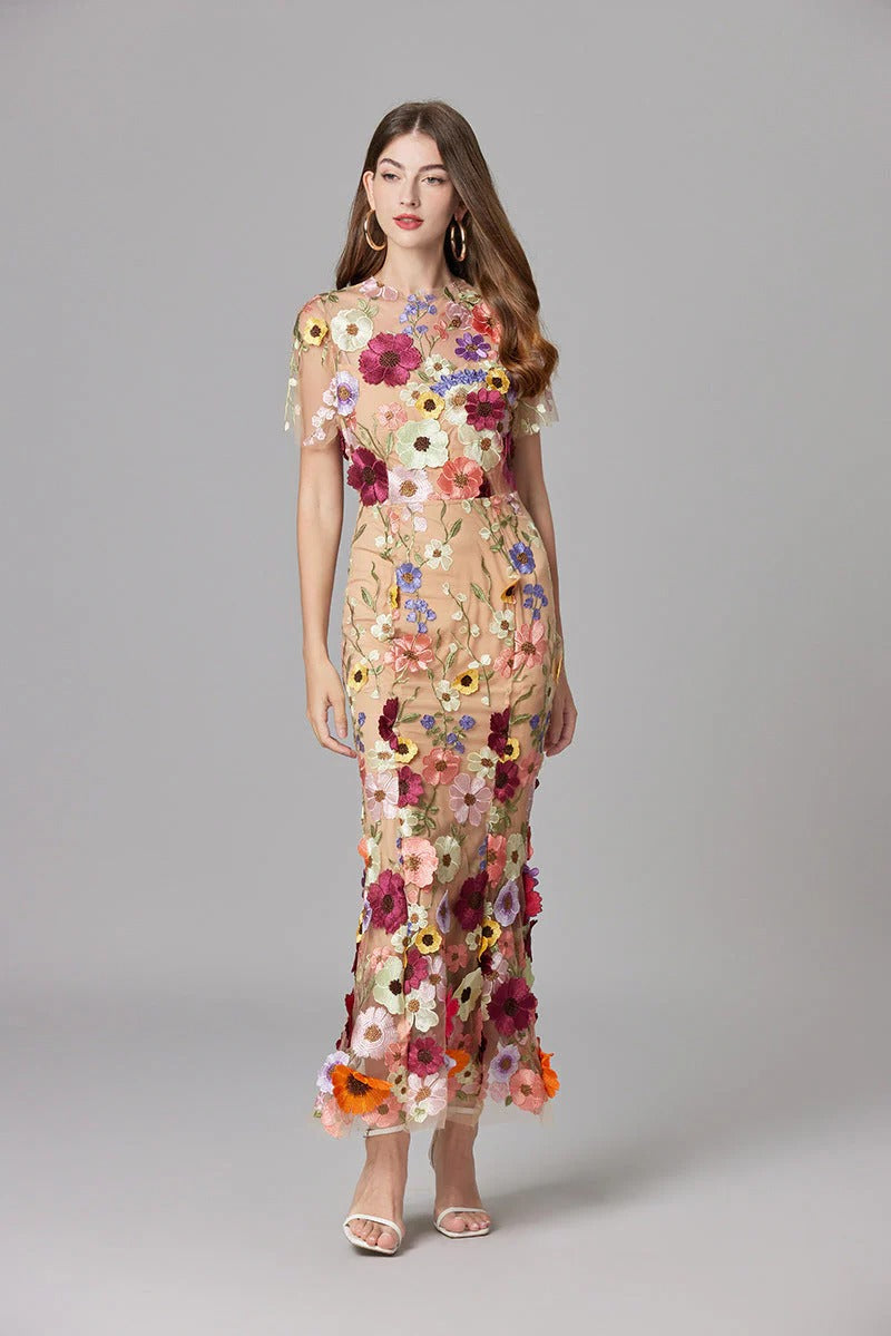 Women’s Sheer Mesh Maxi Dress – Elegant 3D Floral Handcrafted Appliqué Luxury Dress