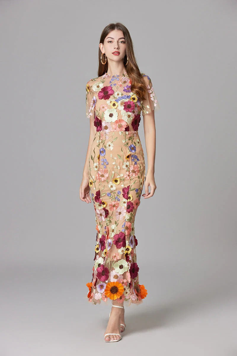 Women’s Sheer Mesh Maxi Dress – Elegant 3D Floral Handcrafted Appliqué Luxury Dress