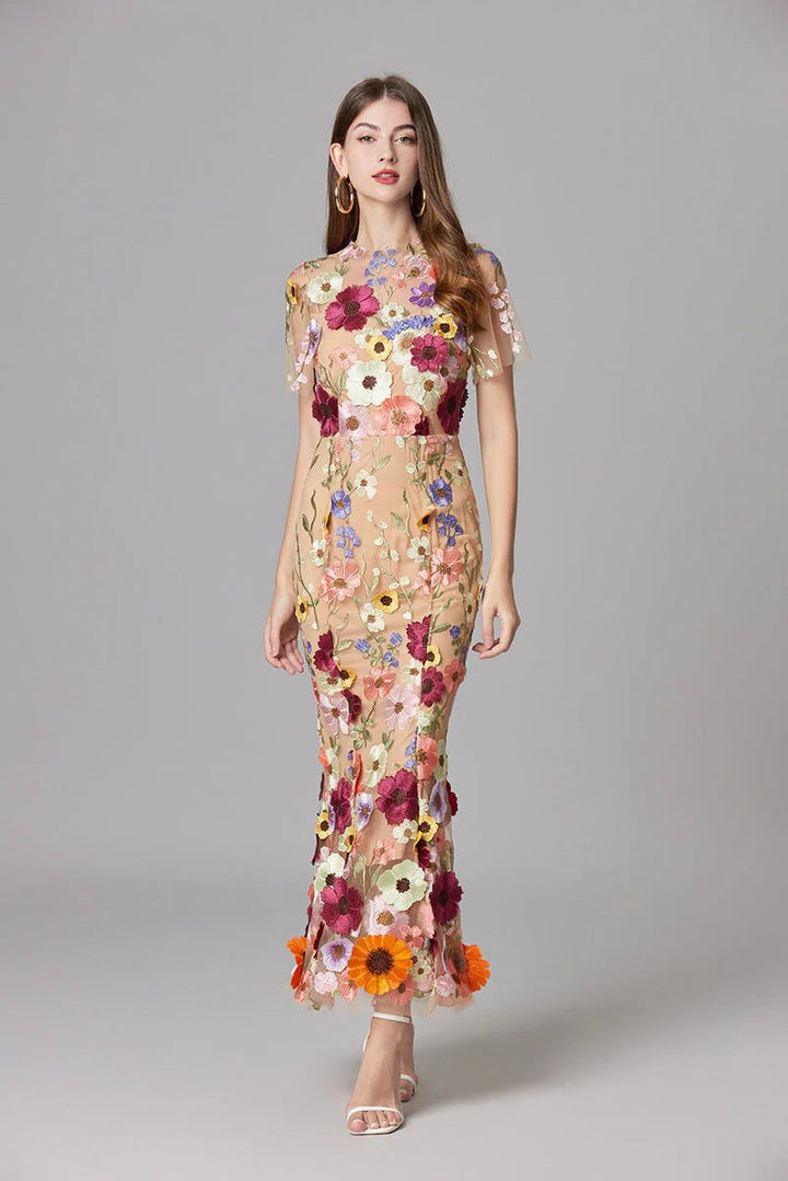 Women’s Sheer Mesh Maxi Dress – Elegant 3D Floral Handcrafted Appliqué Luxury Dress