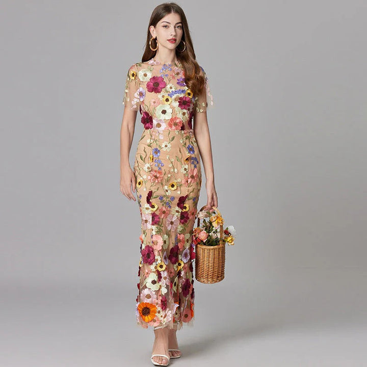 Women’s Sheer Mesh Maxi Dress – Elegant 3D Floral Handcrafted Appliqué Luxury Dress