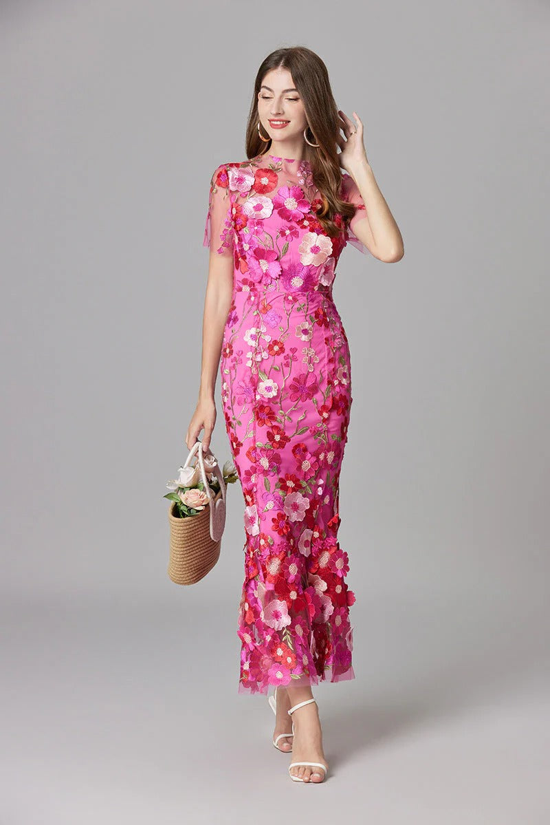 Women’s Sheer Mesh Maxi Dress – Elegant 3D Floral Handcrafted Appliqué Luxury Dress