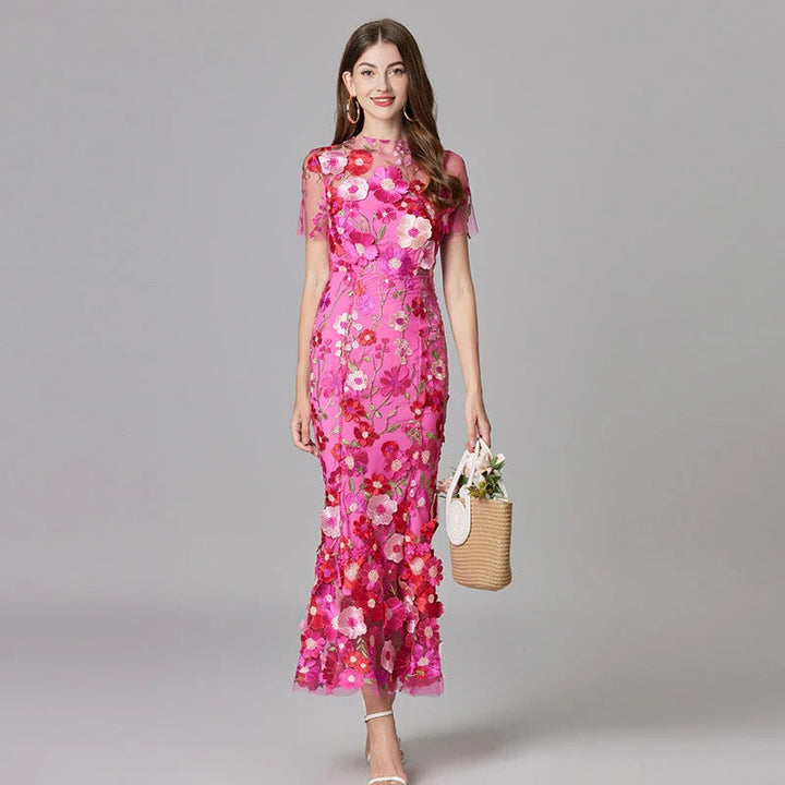 Women’s Sheer Mesh Maxi Dress – Elegant 3D Floral Handcrafted Appliqué Luxury Dress