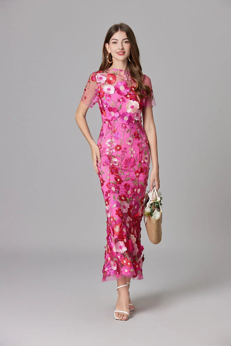 Women’s Sheer Mesh Maxi Dress – Elegant 3D Floral Handcrafted Appliqué Luxury Dress