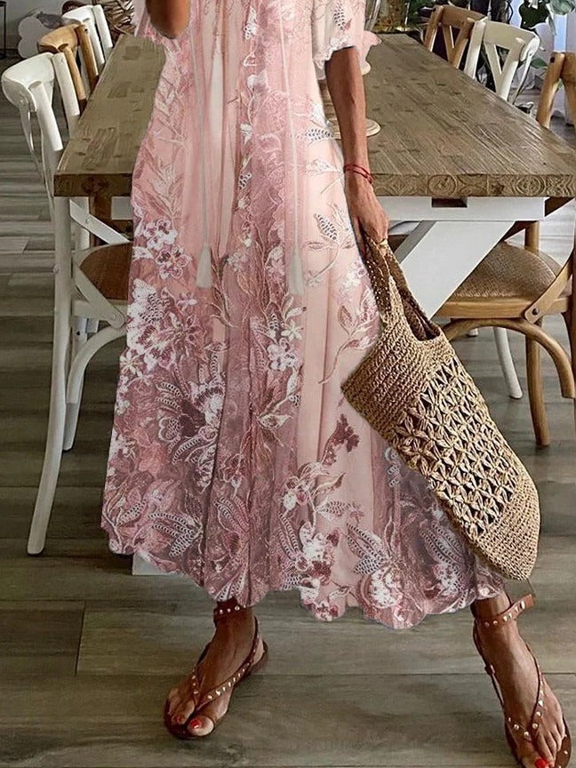Effortlessly Sophisticated Floral Print Crepe Georgette With Dramatic V-Neck Maxi Dress