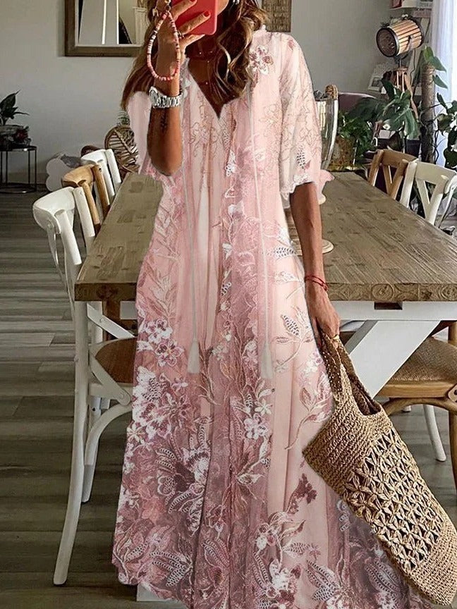 Effortlessly Sophisticated Floral Print Crepe Georgette With Dramatic V-Neck Maxi Dress