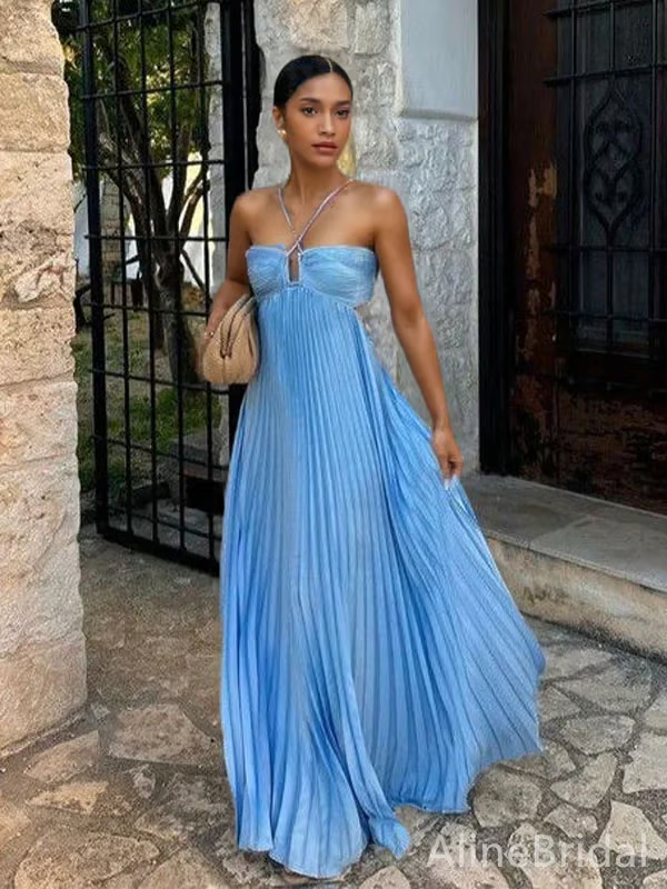 Magnificent Halterneck Neckline Chiffon Flowing Silhouette For Wedding Guests Dress