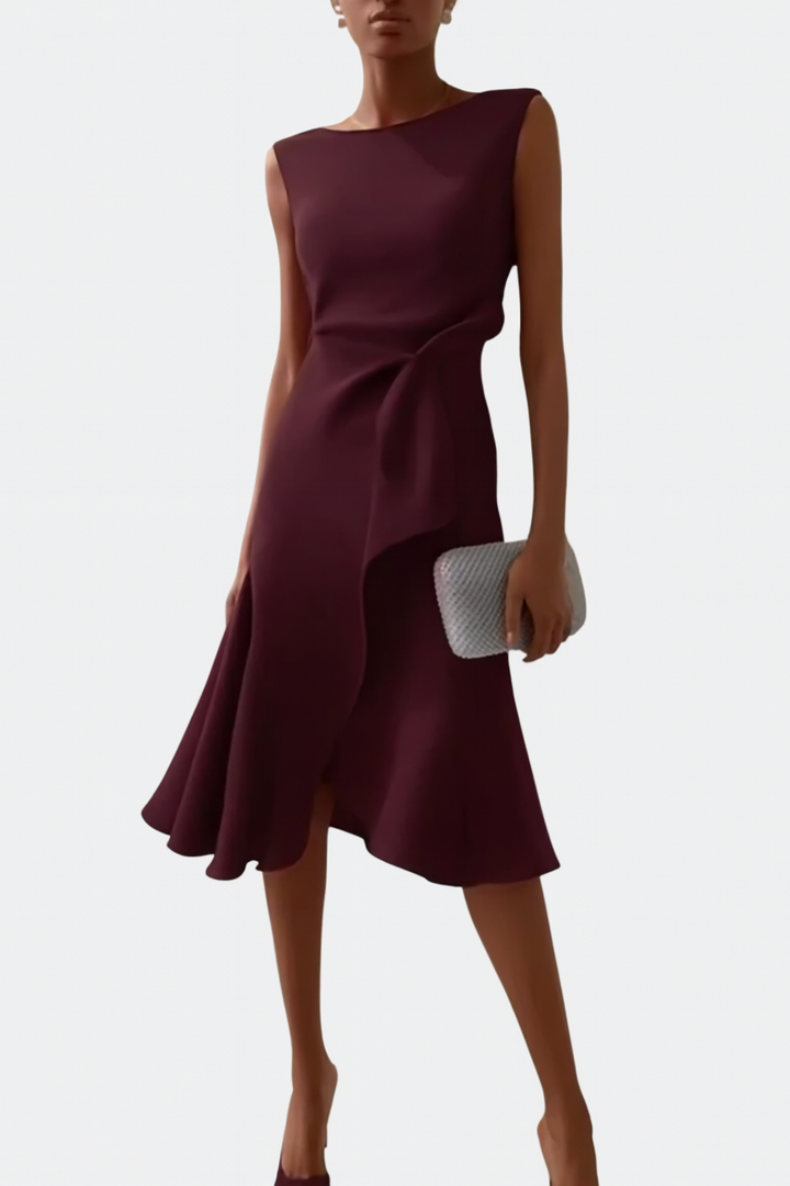 Glamorous Draped Asymmetric Crepe With Luxuriously Contoured Silhouette Midi Dress