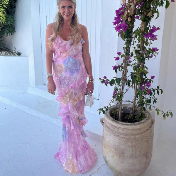 Women’s Watercolor Floral Maxi Dress – Elegant Tiered Ruffle Spaghetti Strap Dress