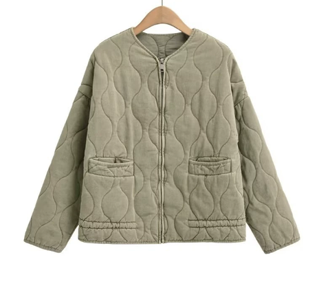 Ladies Cropped Padded Jacket with Pockets and Tie Belt