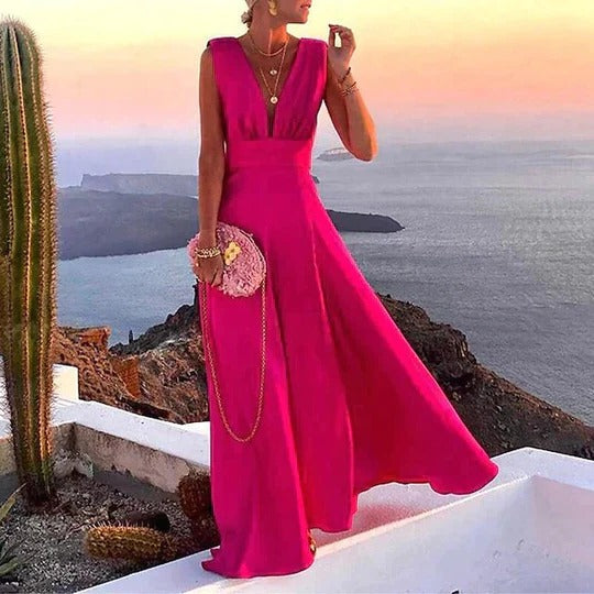 Women’s Tropical Floral Maxi Dress – Deep V-Neck Statement Colorful Print Dress
