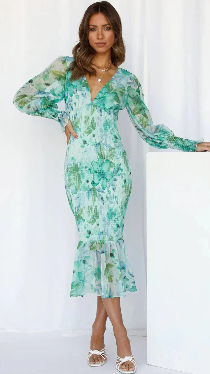 Luxuriously Exquisitely Flowing Floral Patterned Silk Evening Wedding Guest Dress