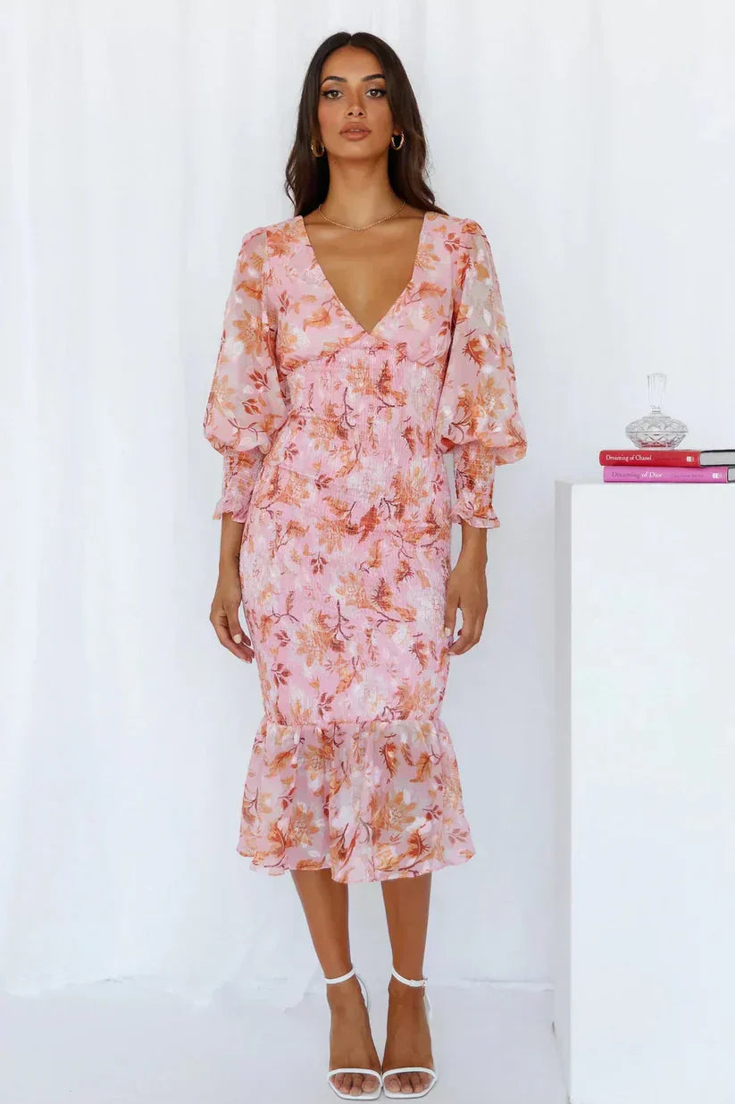 Luxuriously Exquisitely Flowing Floral Patterned Silk Evening Wedding Guest Dress