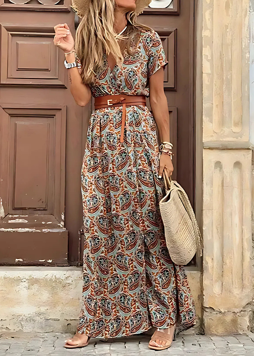 Women’s Boho Chiffon Maxi Dress – Breathable Summer Dress with Matching Belt