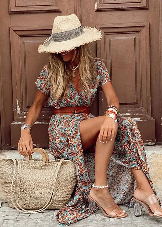 Women’s Boho Chiffon Maxi Dress – Breathable Summer Dress with Matching Belt