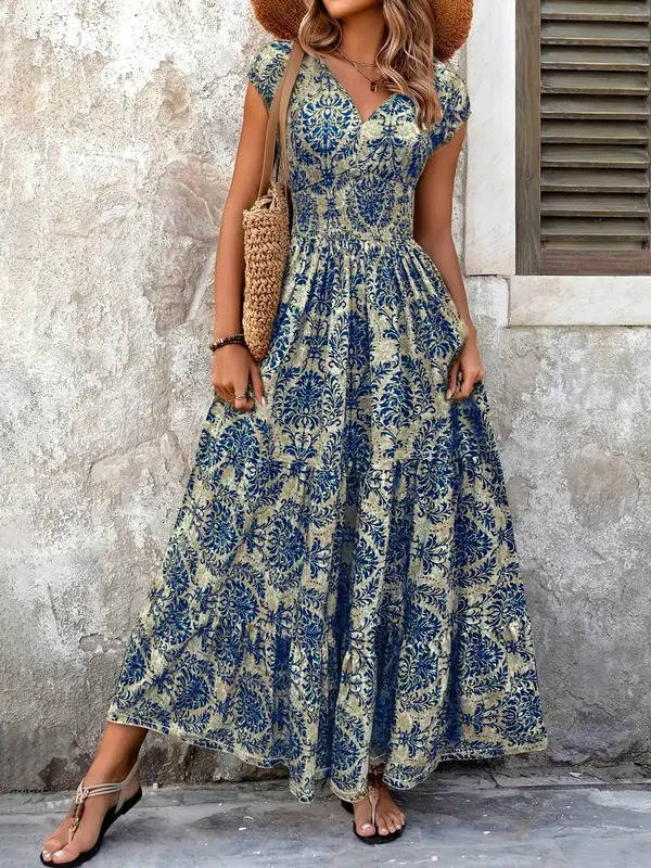 Women’s Bohemian Paisley Maxi Dress – Embellished Smocked Waist Tiered Dress