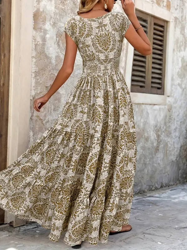 Women’s Bohemian Paisley Maxi Dress – Embellished Smocked Waist Tiered Dress