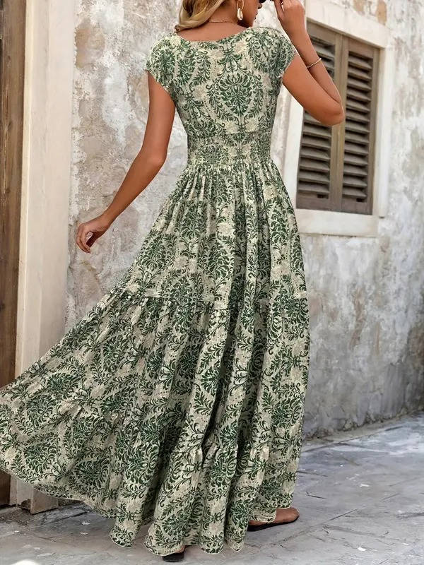 Women’s Bohemian Paisley Maxi Dress – Embellished Smocked Waist Tiered Dress