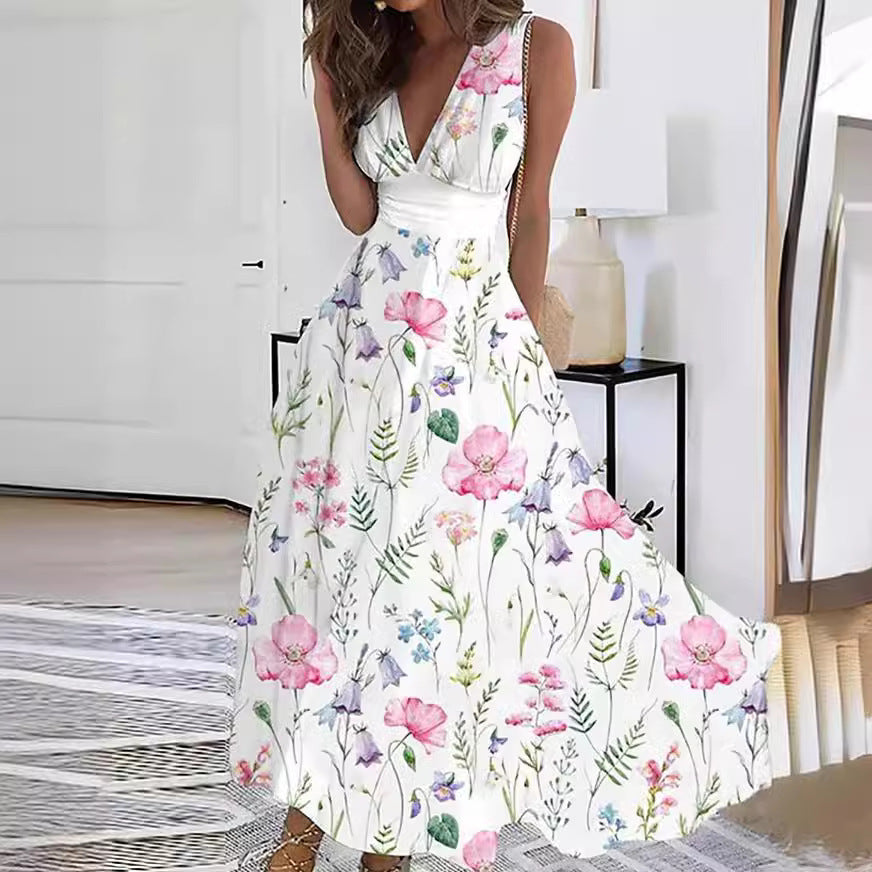 Women’s Floral Print Maxi Dress – Luxurious V-Neck Sleeveless Button Trim A-Line Dress