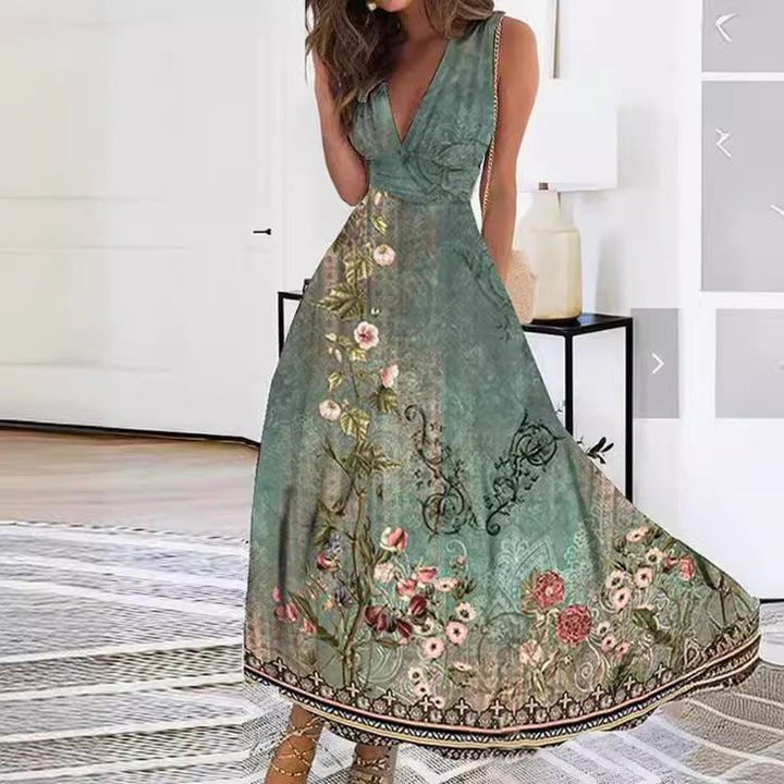 Women’s Floral Print Maxi Dress – Luxurious V-Neck Sleeveless Button Trim A-Line Dress