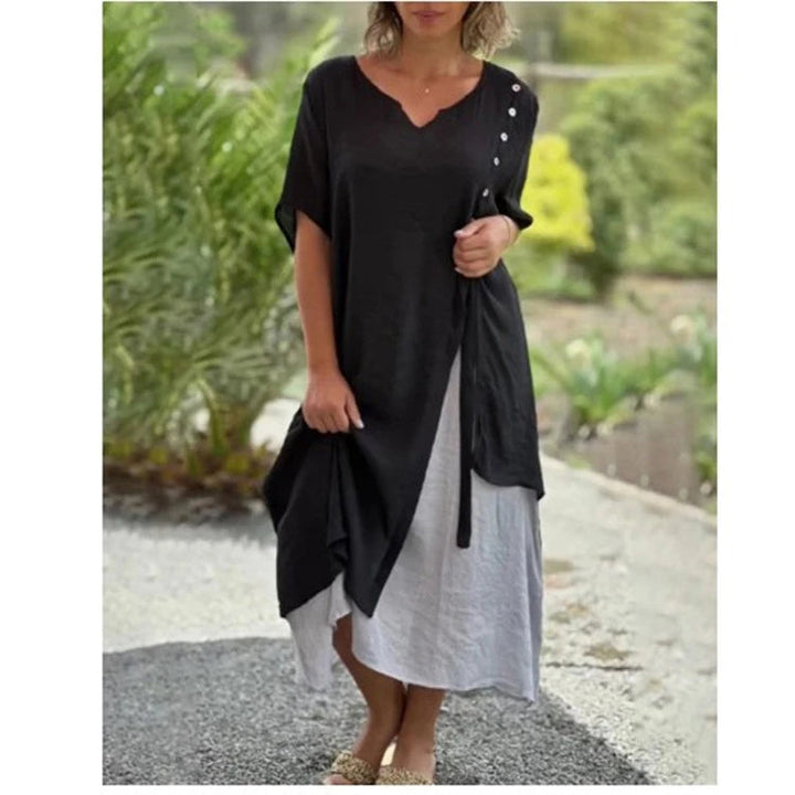 Women’s Silk Crepe Midi Dress – Effortlessly Stylish Layered Hem Relaxed Fit Silhouette Dress